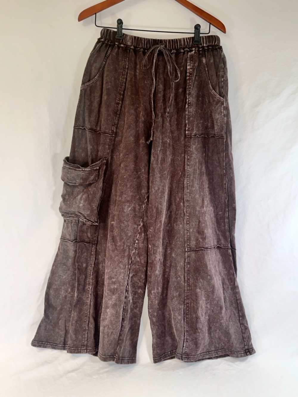 Easel Los Angeles Brown Mineral Wash Wide Leg Pants Boho Cargo Drawstring Size S - Picture 2 of 11